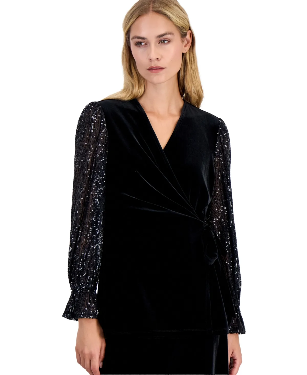 Petite Long-Sleeve Leopard-Print Ruffle-Cuff Wrap Top by Anne Klein