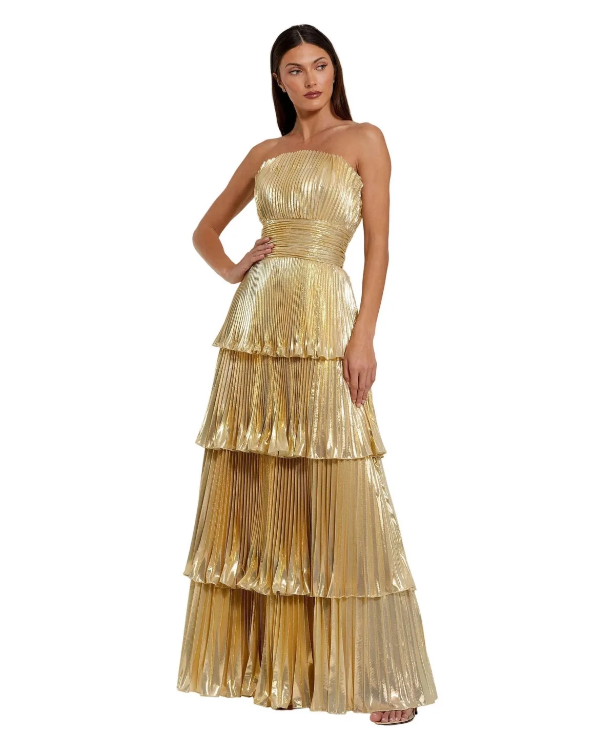 Mac Duggal Strapless Metallic Pleated Tiered Gown by M.A.C.