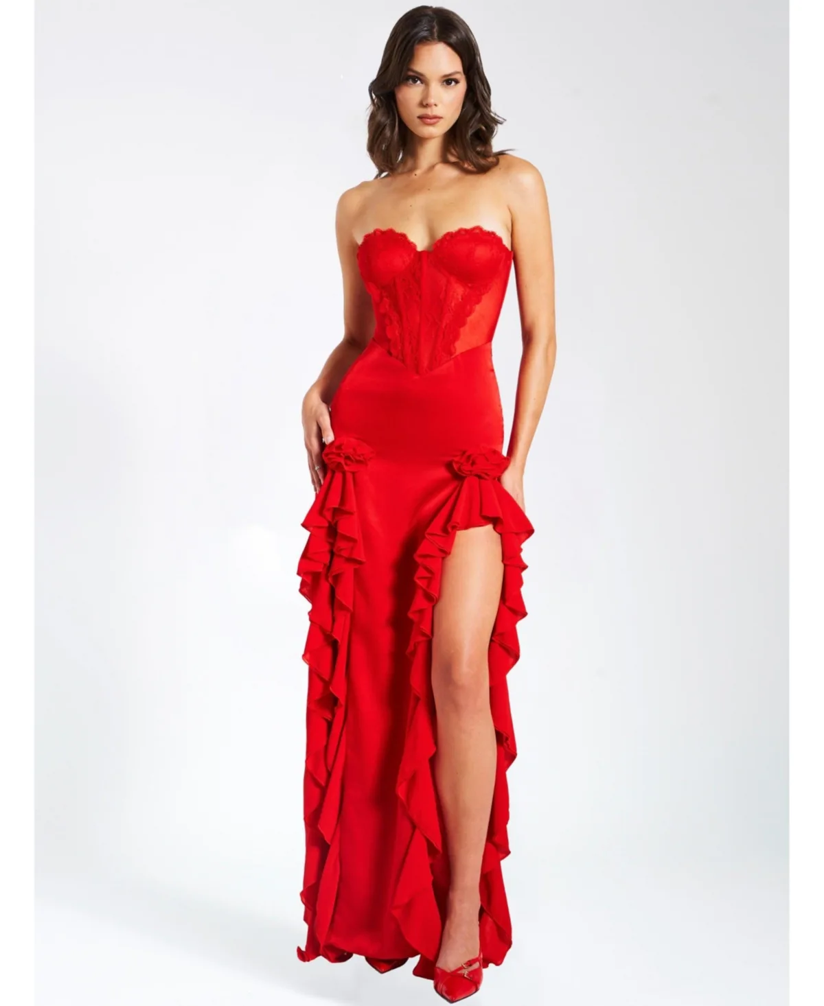 Talia Red Satin Lace Corset Maxi Dress by Miss Circle