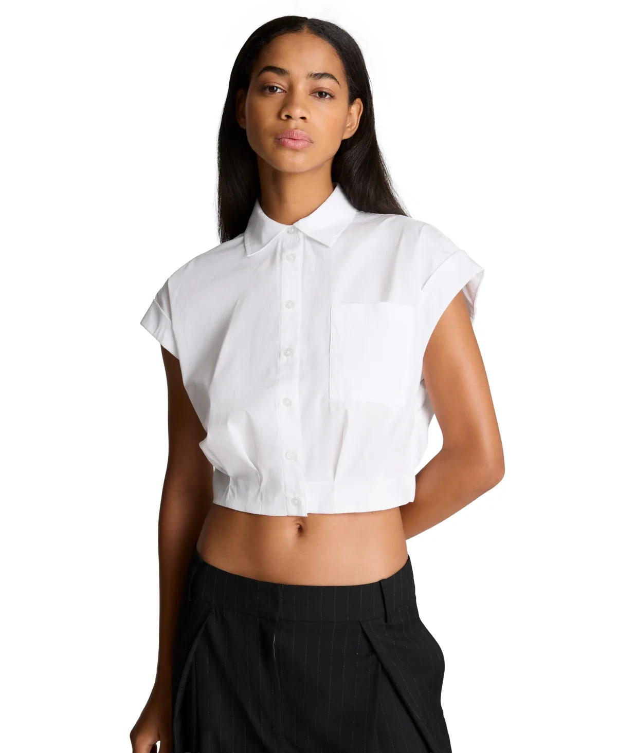 Poplin Cropped Short-Sleeve Button-Up Shirt by Kenneth Cole