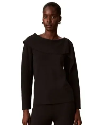 Asymmetrical Drape Boat Neck Long Sleeve Sweater by Calvin Klein