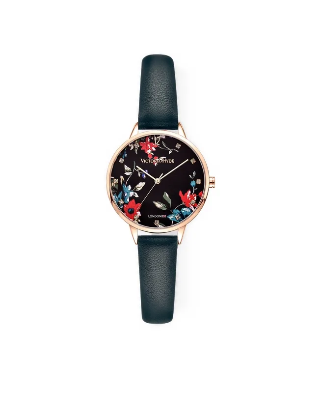 Water-Resistant Crystals Green Park Flower Leather Watch, 36mm by Victoria Hyde London