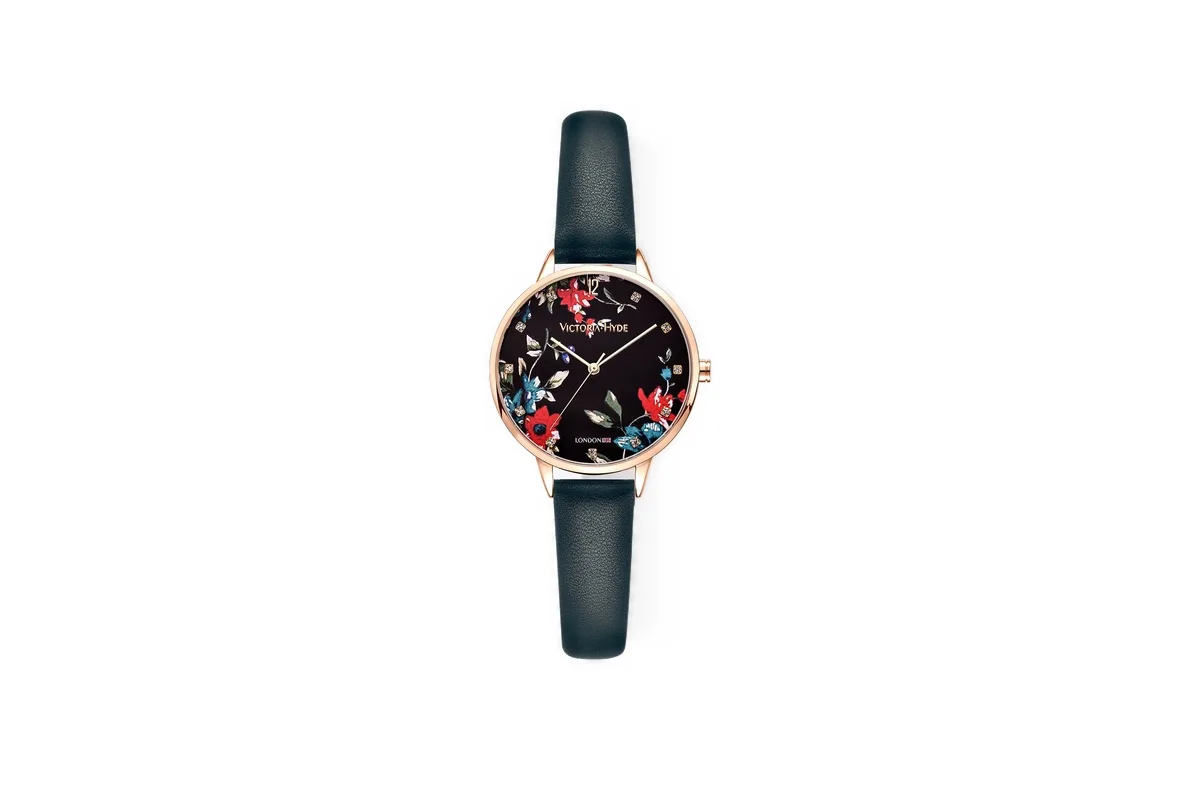 Water-Resistant Crystals Green Park Flower Leather Watch, 36mm by Victoria Hyde London