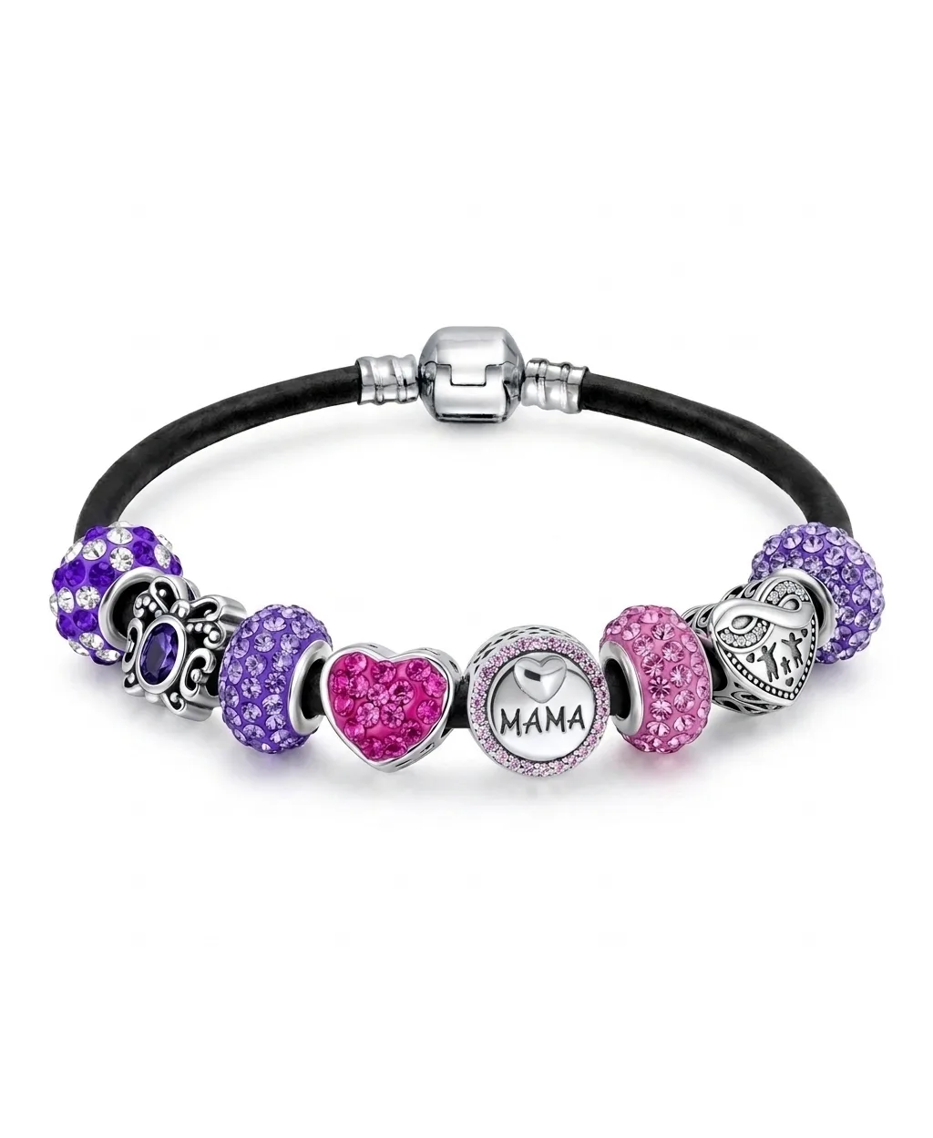 Cubic Zirconia and Crystal Black Mama Love You Theme Heart Charm Bracelet by Bling Jewelry