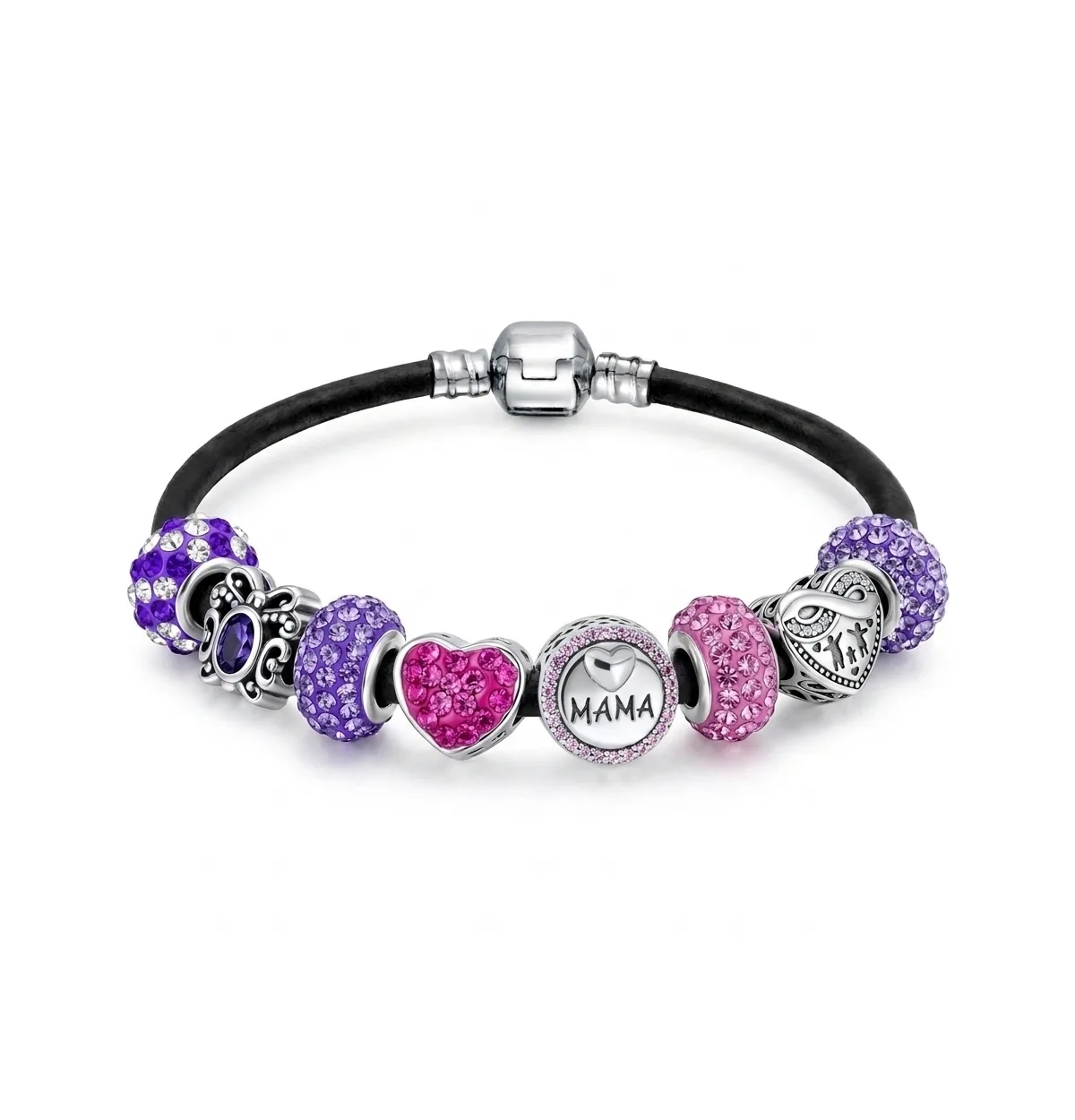 Cubic Zirconia and Crystal Black Mama Love You Theme Heart Charm Bracelet by Bling Jewelry
