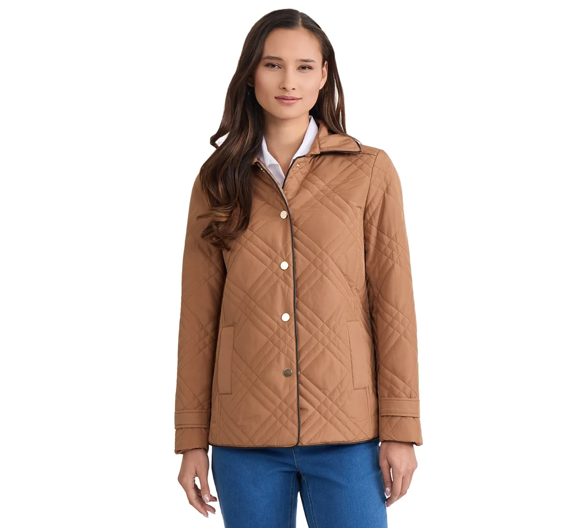 Triple-Diamond-Quilted Faux-Leather-Piping Jacket