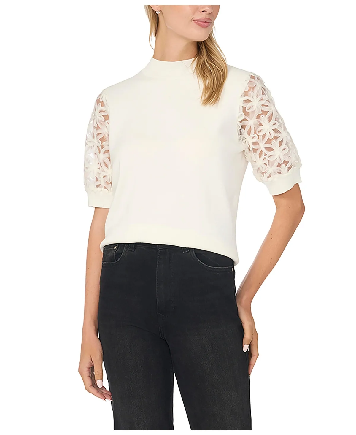 Mock Neck Short-Sleeve Floral Sweater