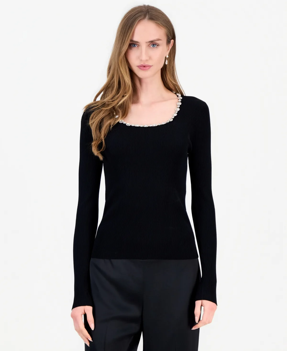 Isabel Crystal-Embellished Square Neck Long Sleeve Sweater by Elie Tahari