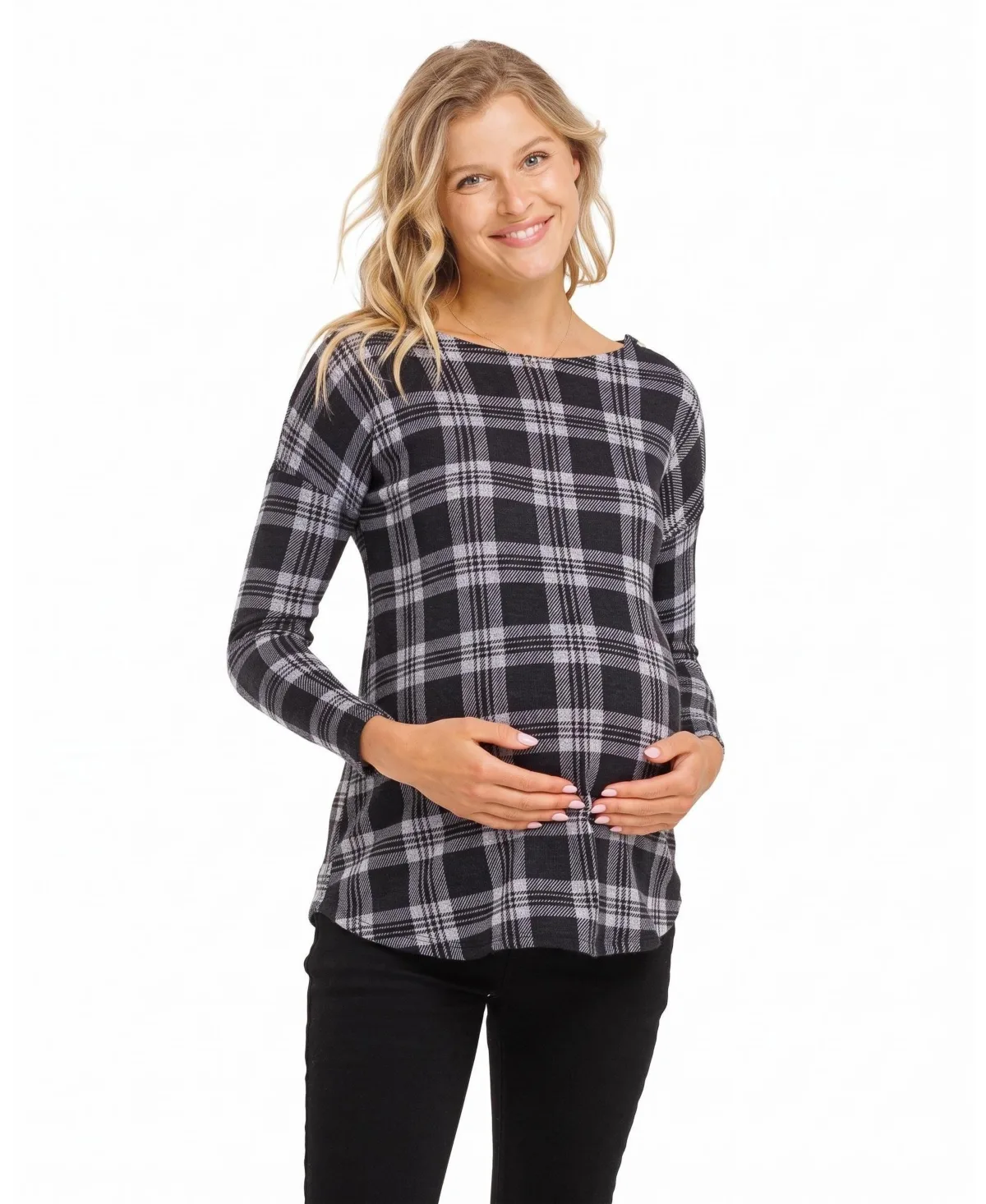 Maternity Plaid Boat-Neck Long-Sleeve Top