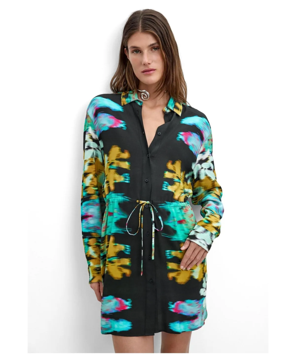 M C Lacroix Long Sleeve Floral-Print Mini Dress