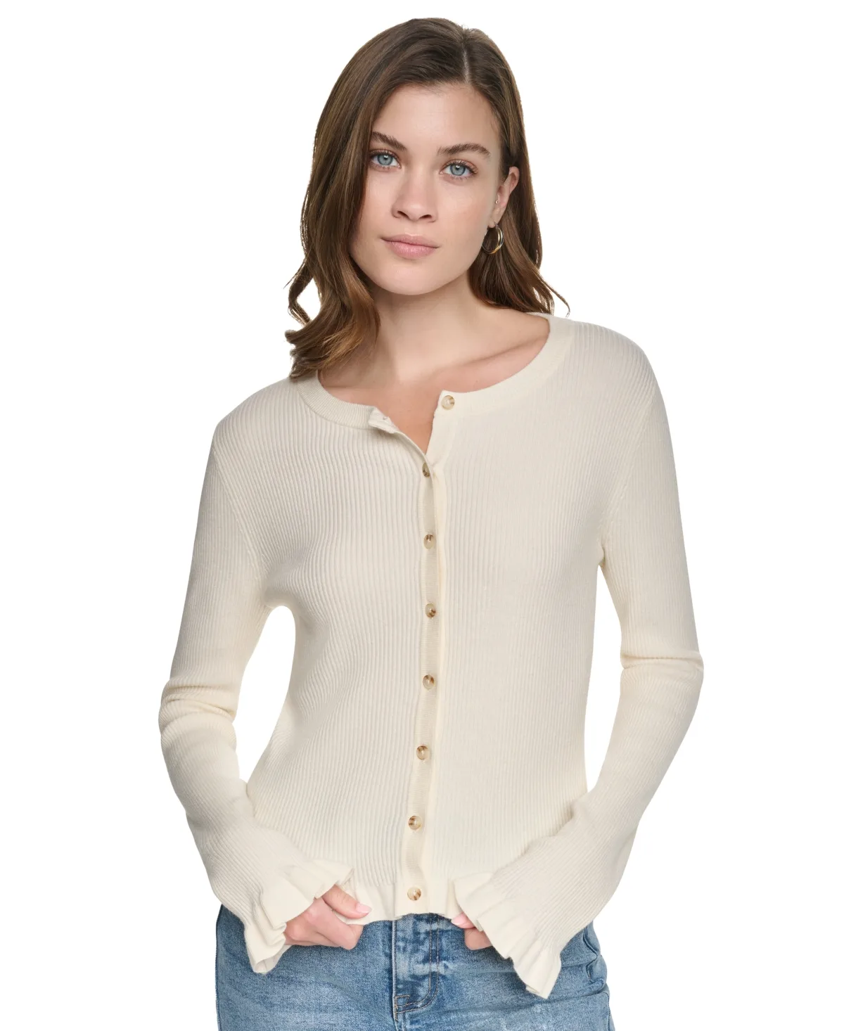Ribbed Knit Ruffle Trim Cardigan by DKNY