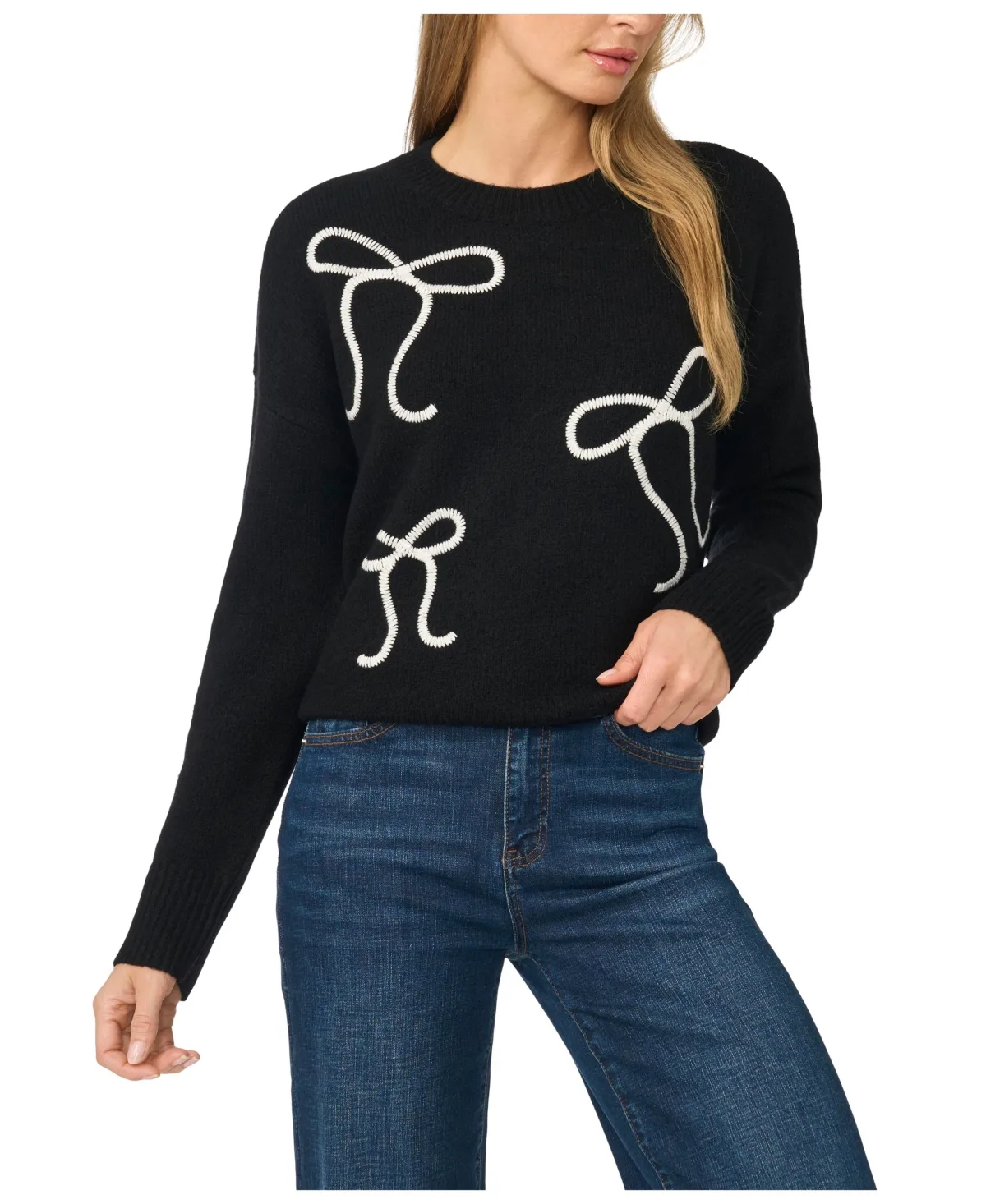 Bow Embroidery Long-Sleeve Crewneck Sweater by CeCe
