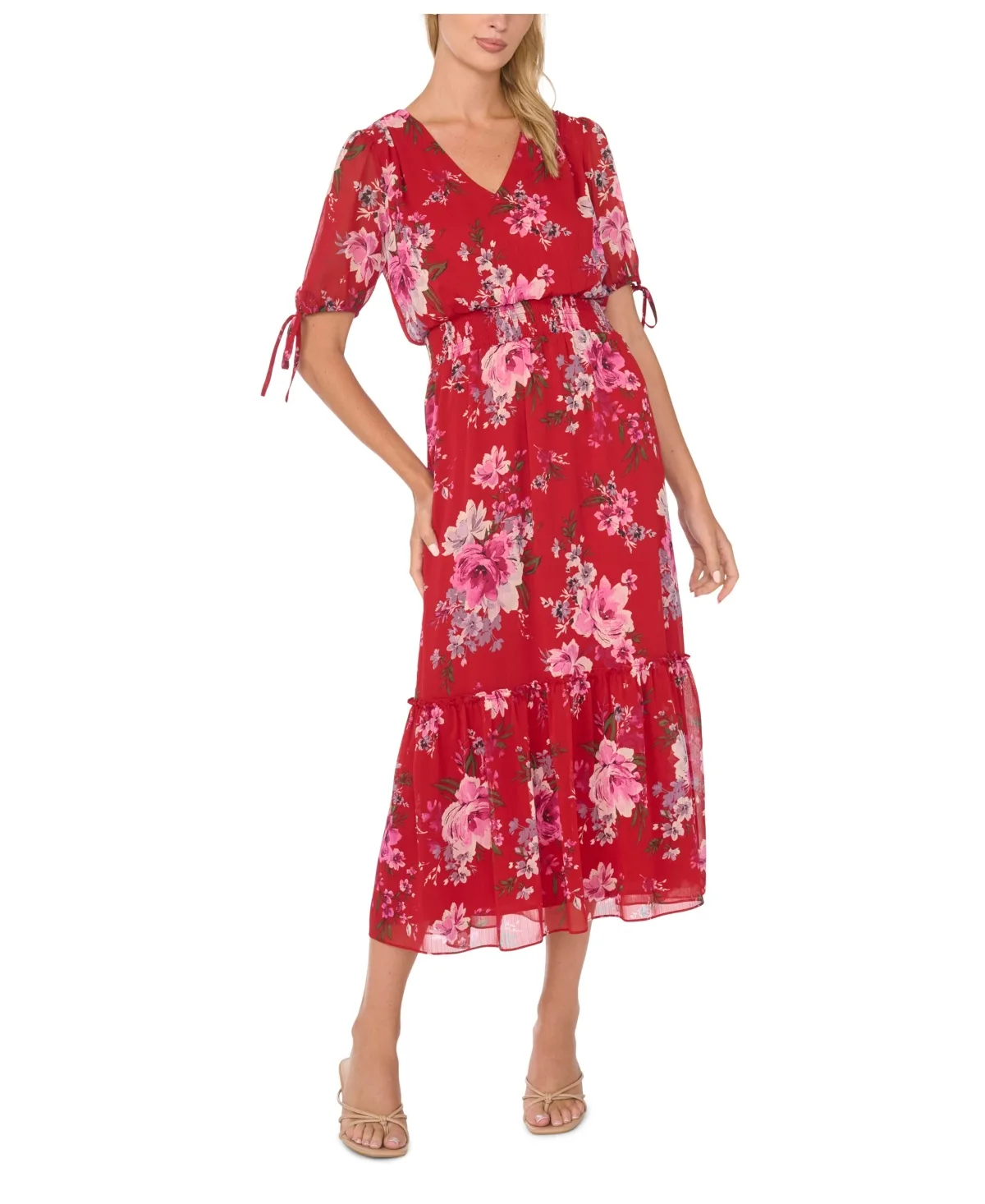 V-Neck Short-Sleeve Smocked-Waist Dress