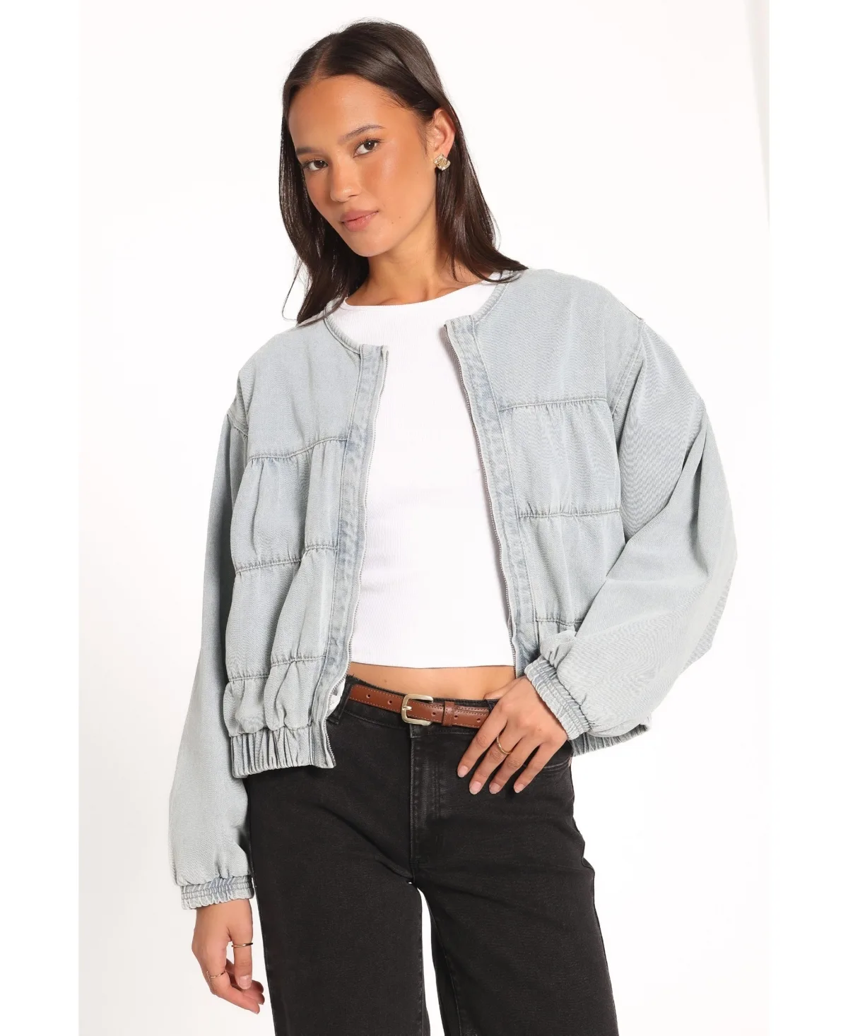 Gretal Long-Sleeve Cropped Denim Bomber Jacket by Petal and Pup