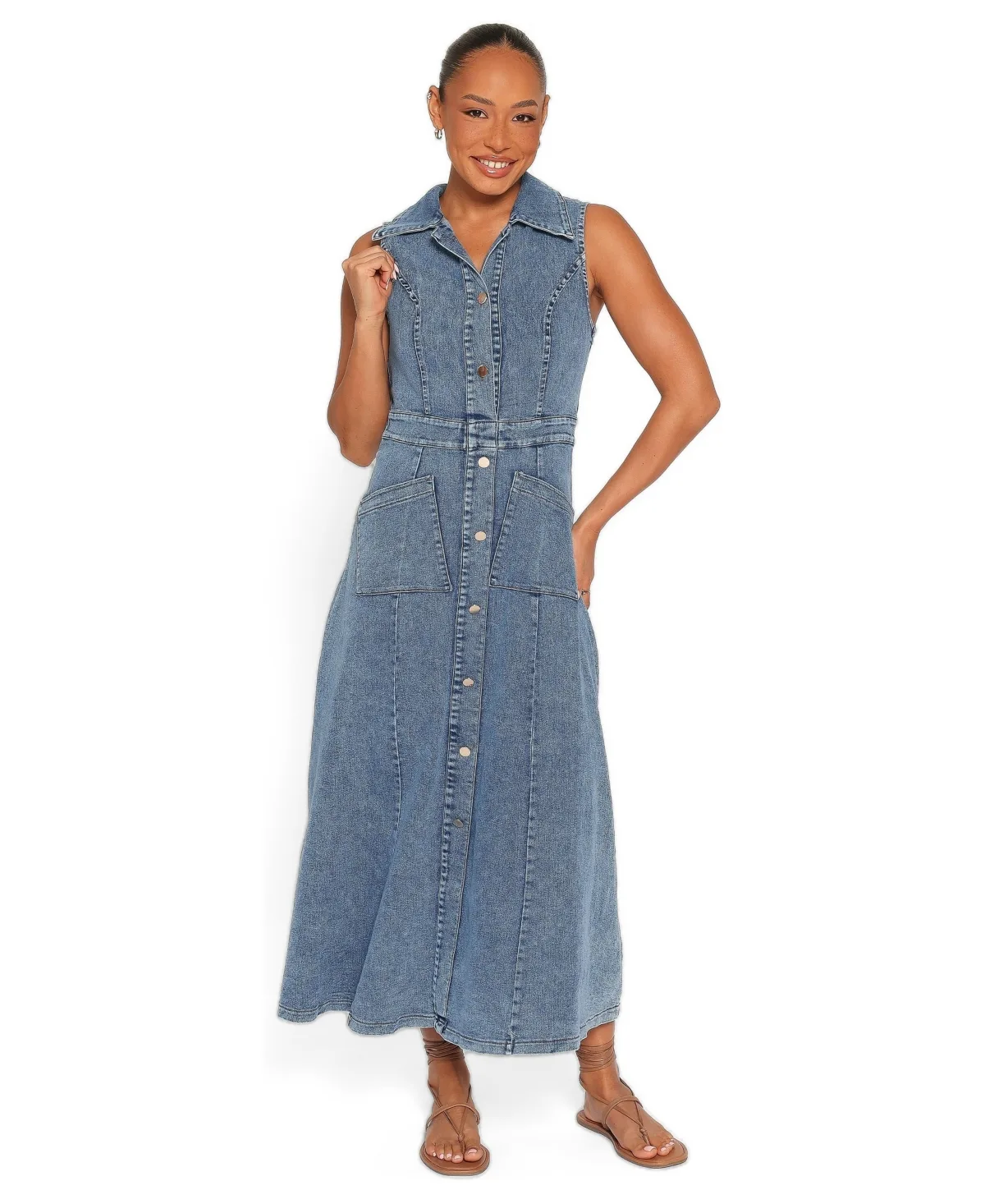 Jye A-Line Button-Down Sleeveless Denim Maxi Dress