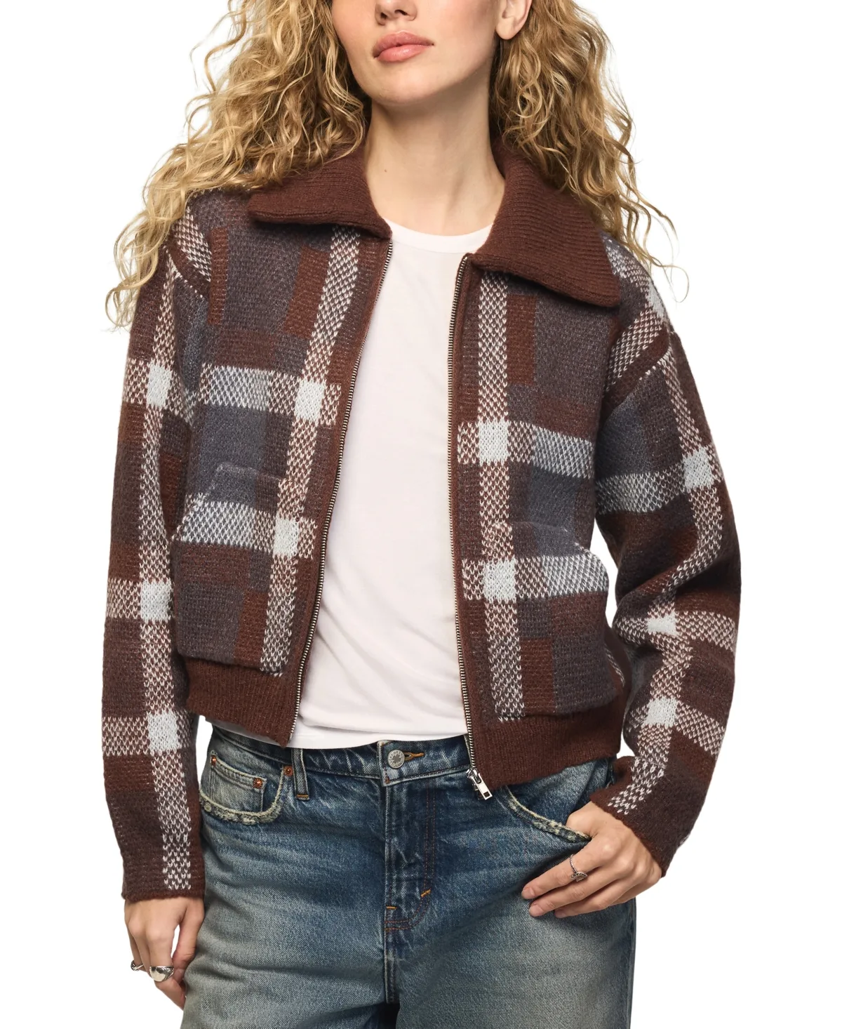 Plaid Long-Sleeve Loose-Fit Bomber Sweater