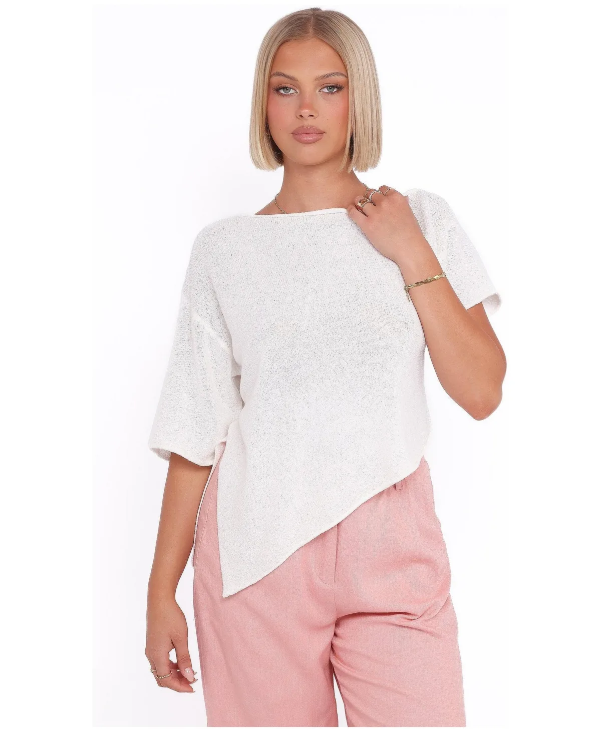 Ardena Boat Neck Boucle Asymmetrical Hemline Short-Sleeve Blouse by Petal and Pup