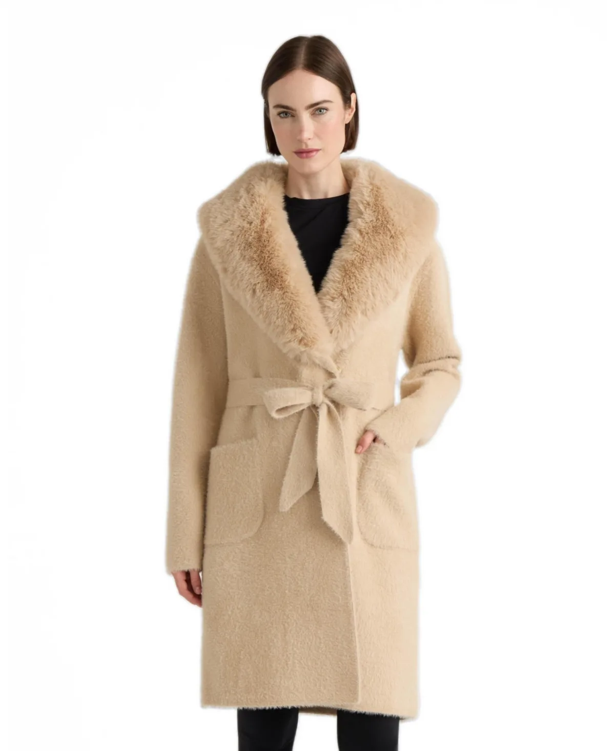 Eyelash Shawl Collar Faux Fur Collar Belted Coatigan by Nvlt