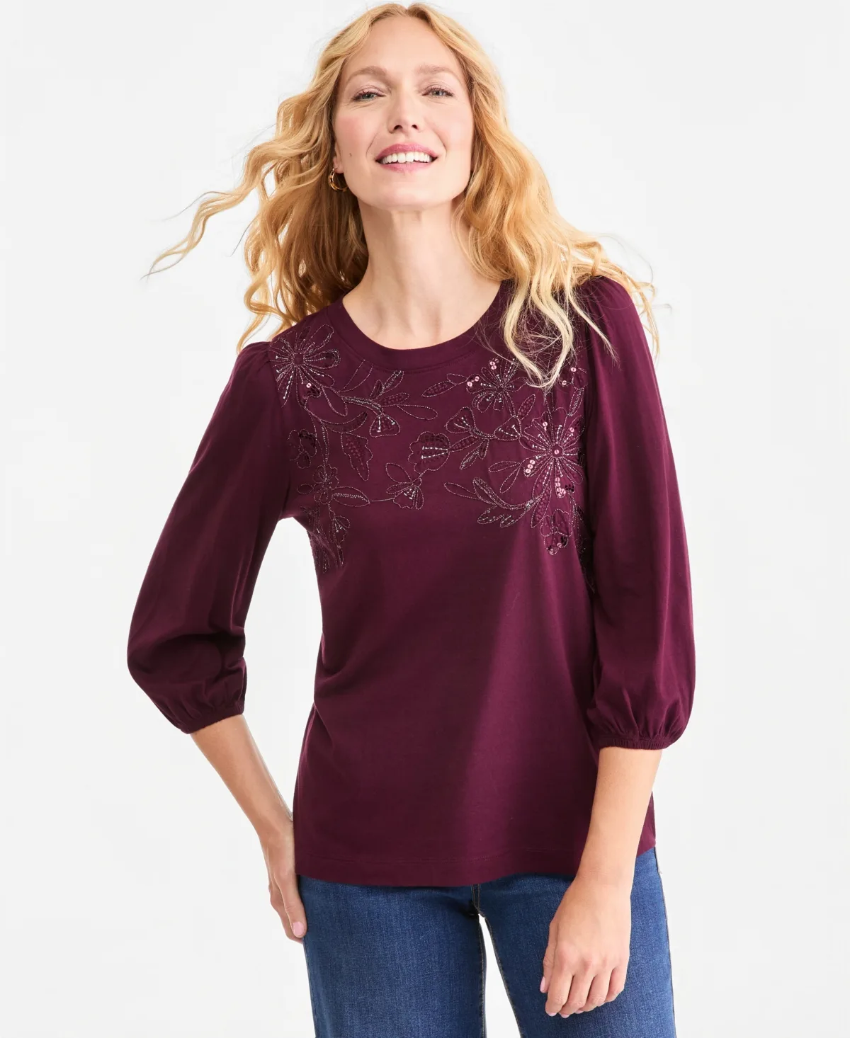 Floral-Embellished 3/4-Sleeve Top by Style & Co