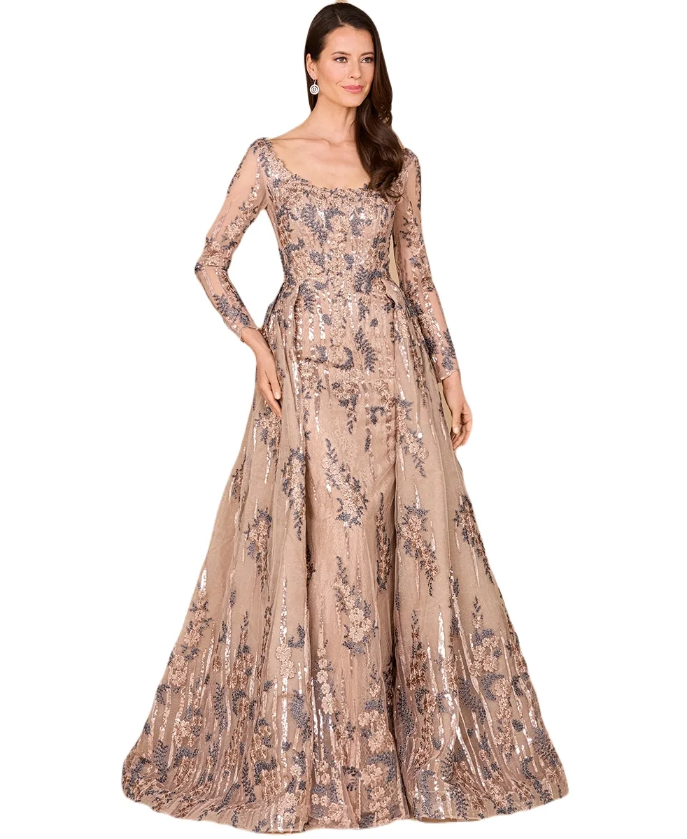 Long Sleeve Lace Gown with Overskirt