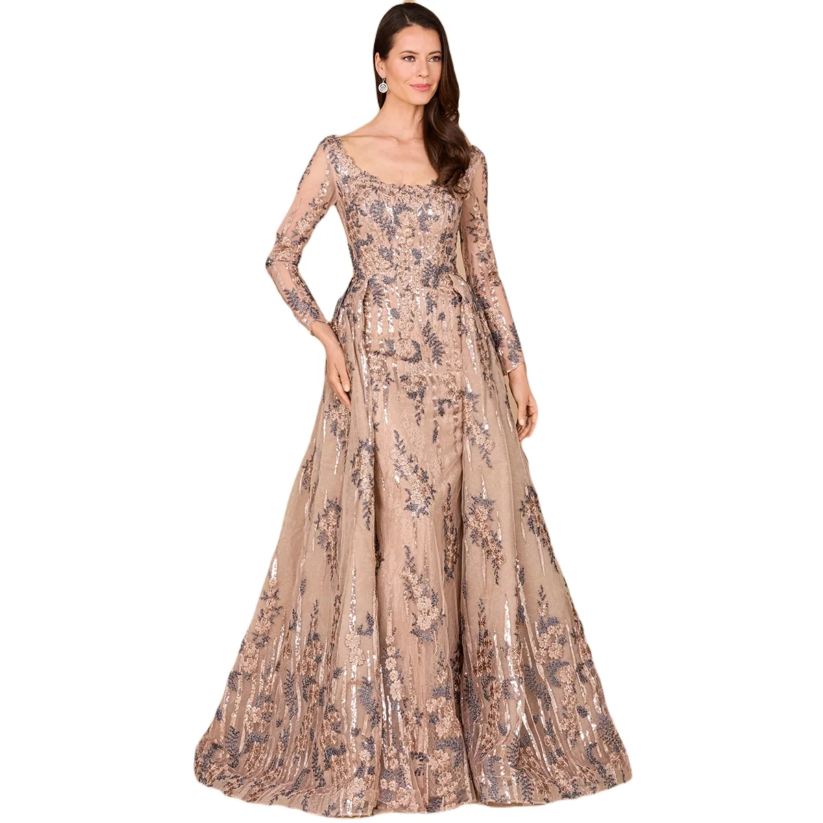 Long Sleeve Lace Gown with Overskirt
