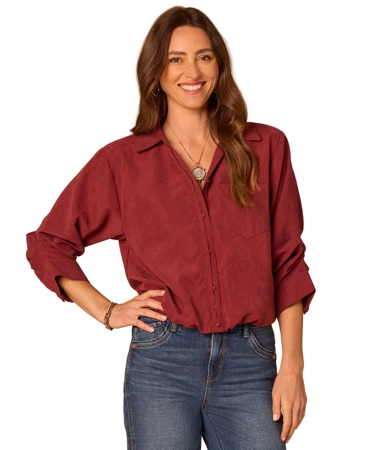 Ruched-Sleeve Bubble-Hem Shirt by Democracy