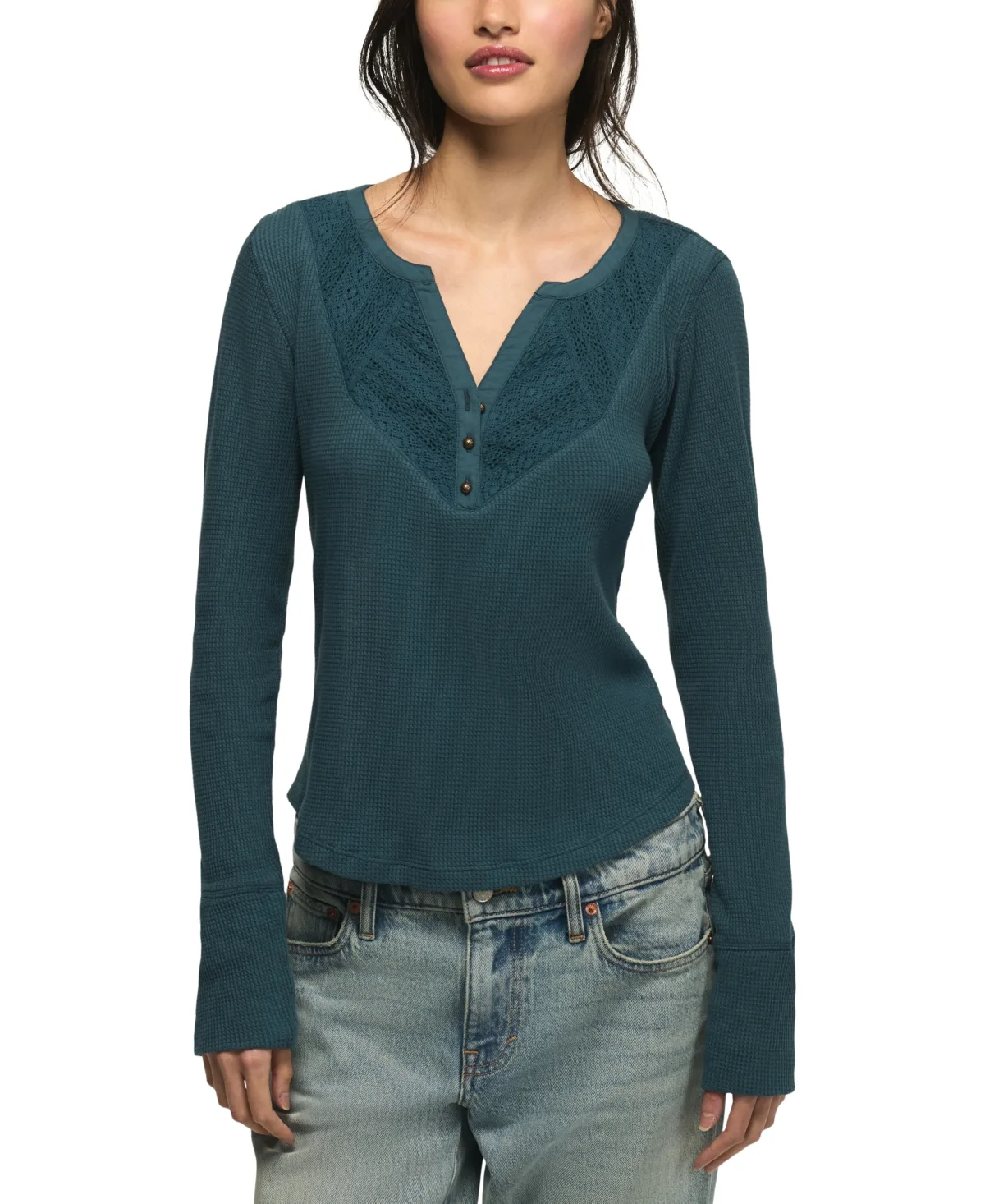 Trim Mix Long-Sleeve V-Neck Lace-Trim Henley Top by Lucky Brand