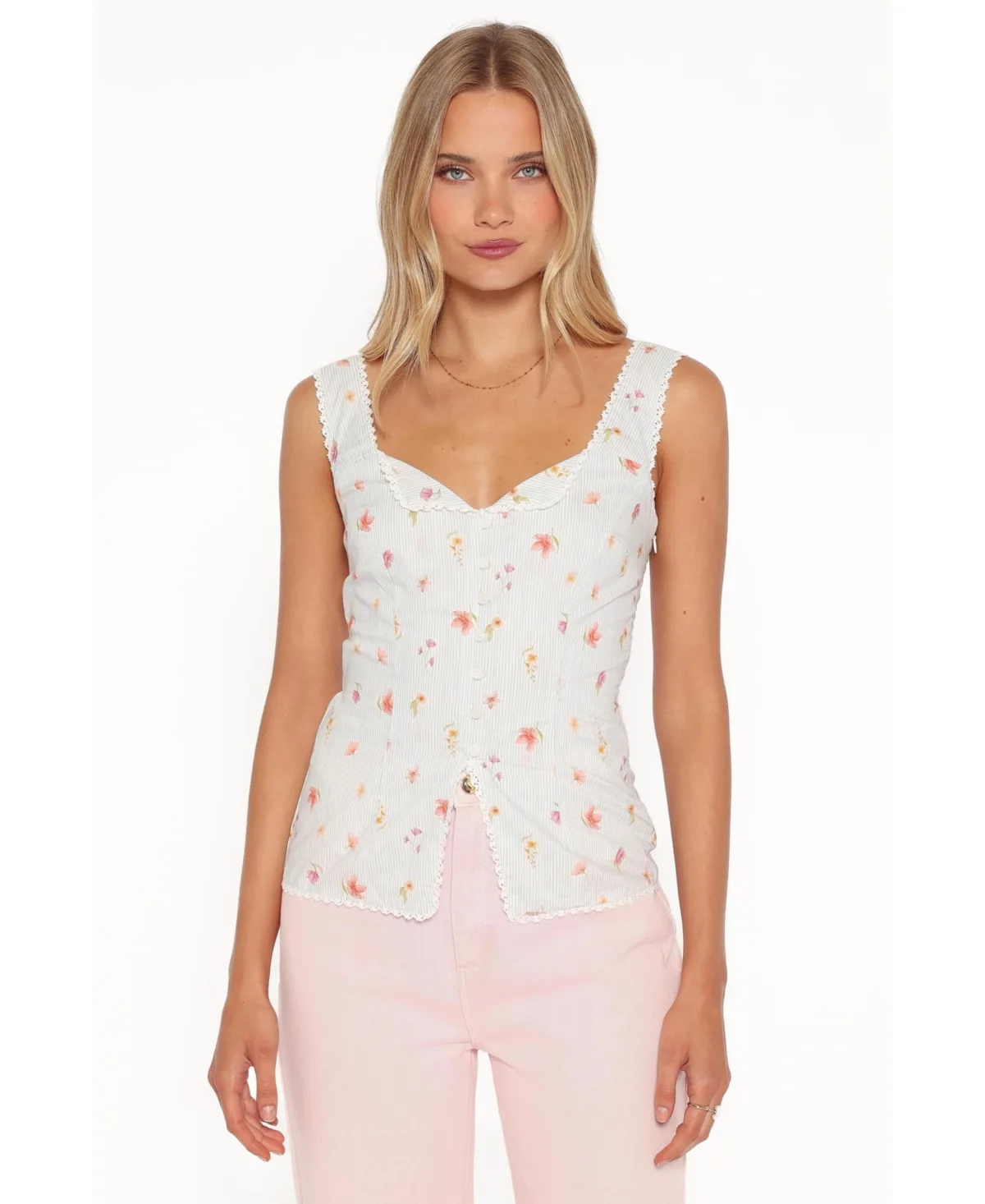 Ana Sleeveless V-Neck Lace-Trim Top by Petal and Pup