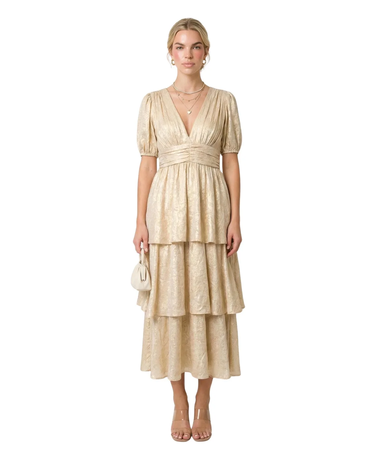 Shimmering Puff Sleeve Deep V-Neck Maxi Dress by Modenaire