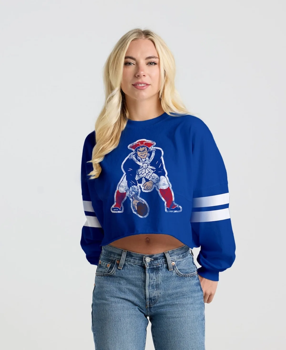 New England Patriots Oversized Cropped Stripe Long Sleeve T-Shirt by Spirit Jersey
