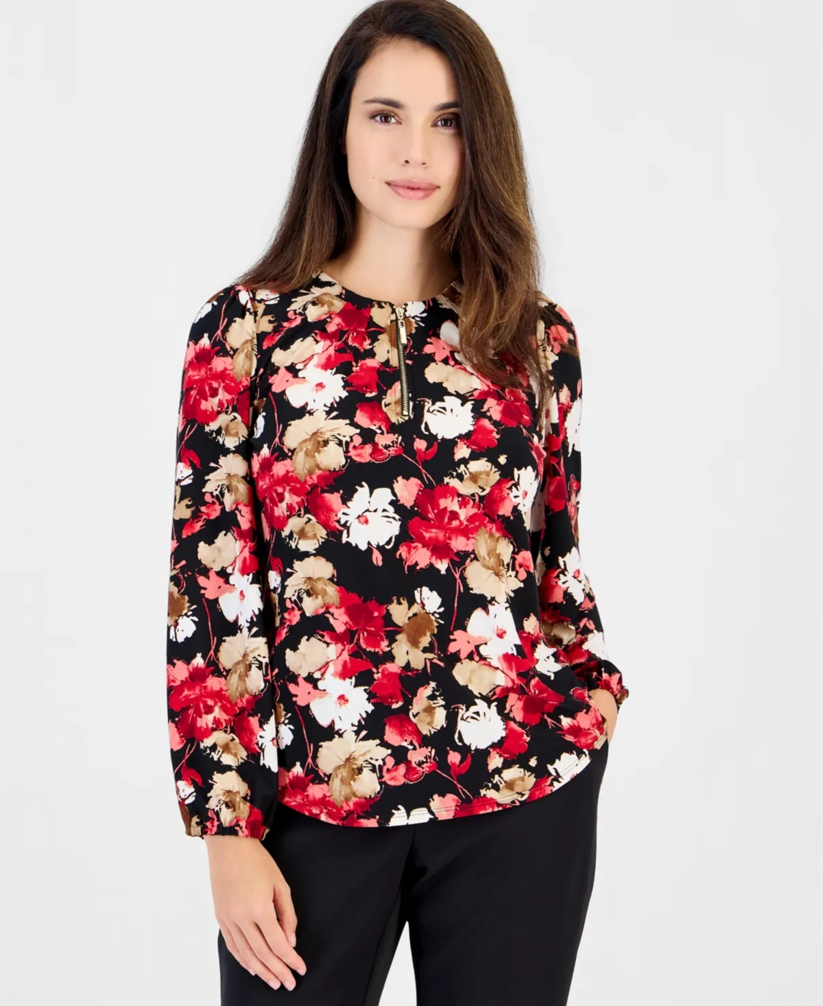 Essentials Floral-Print Long-Sleeve Blouse by Anne Klein