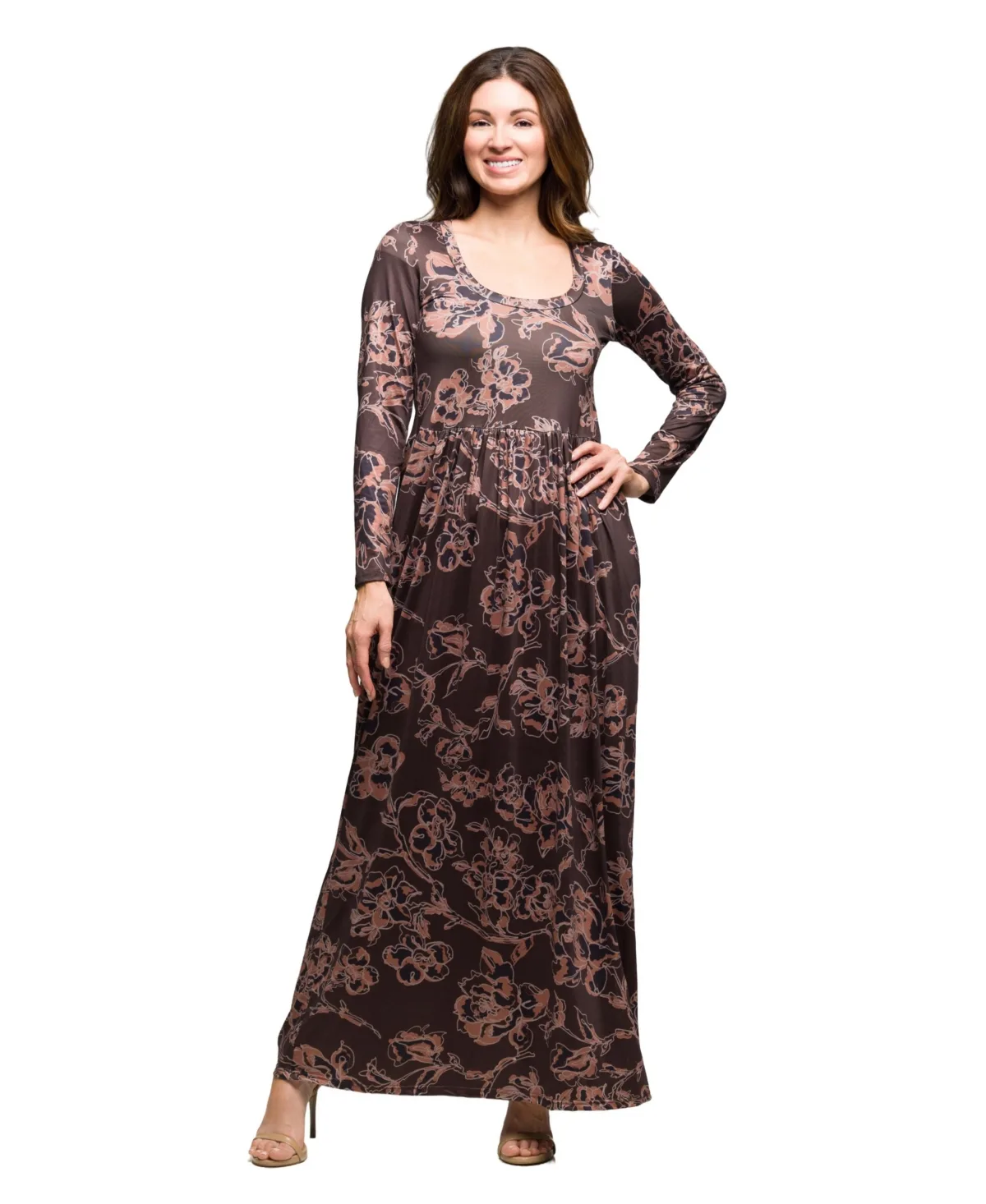 Floral-Print Long-Sleeve Scoop Neck Maxi Dress by 24seven Comfort Apparel