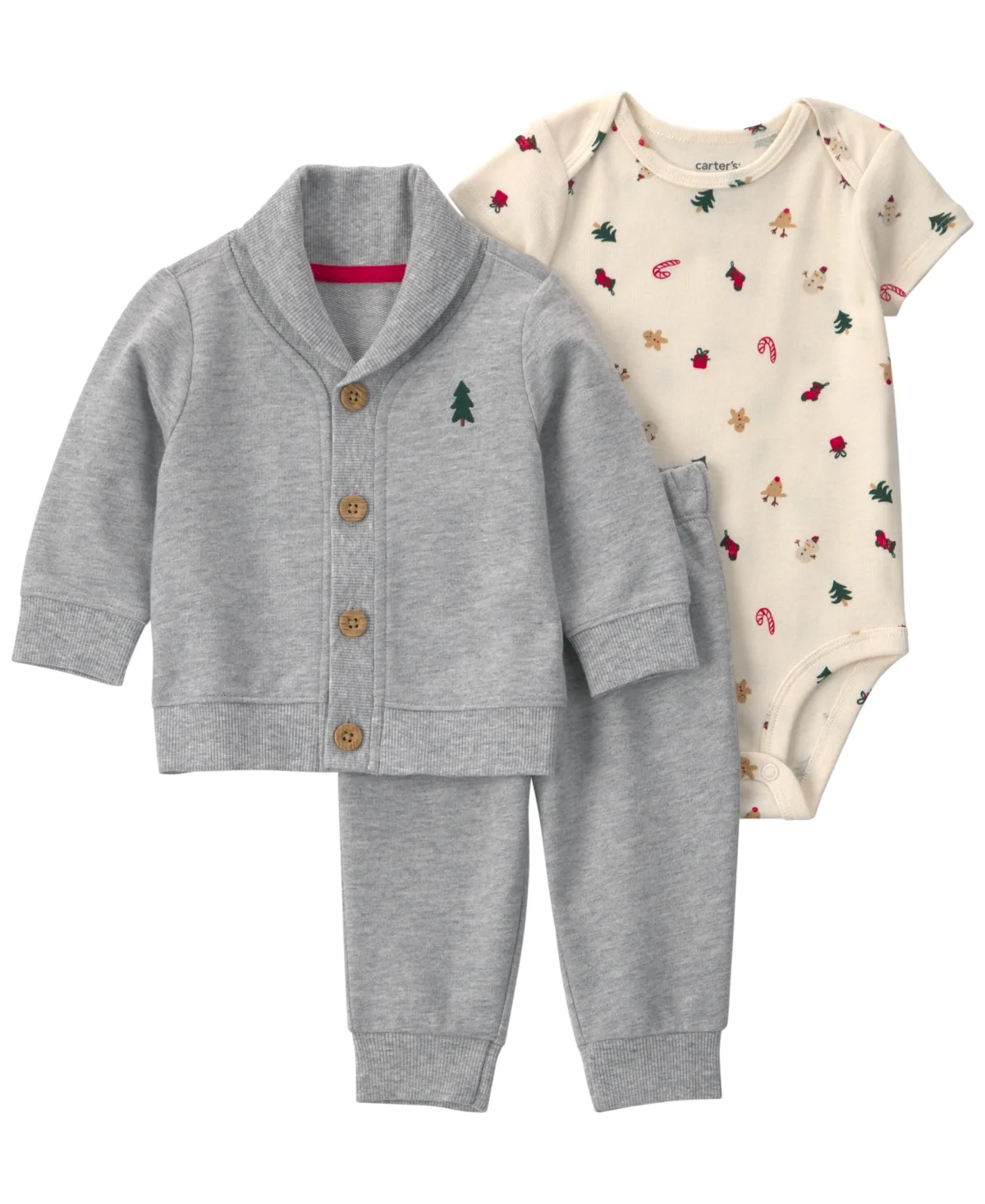 Christmas Tree French Terry Cardigan, Bodysuit and Pants, 3-Piece Set by Carter's
