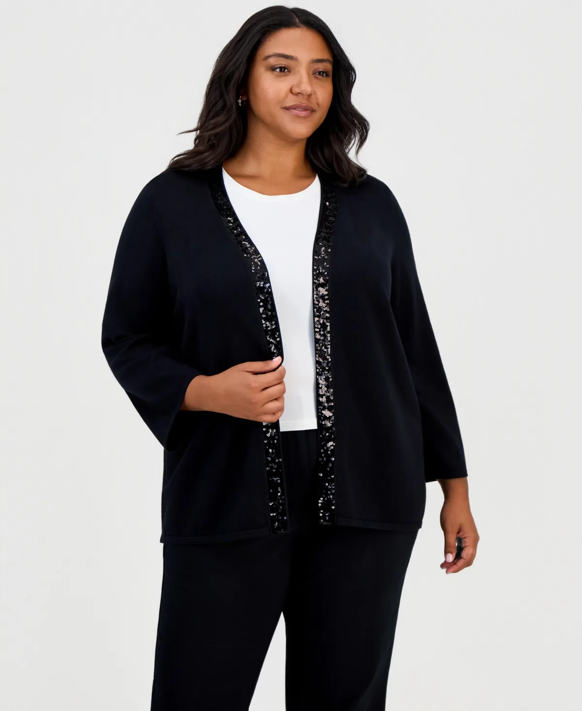 Sequin-Embellished Open Front Cardigan by JM Collection