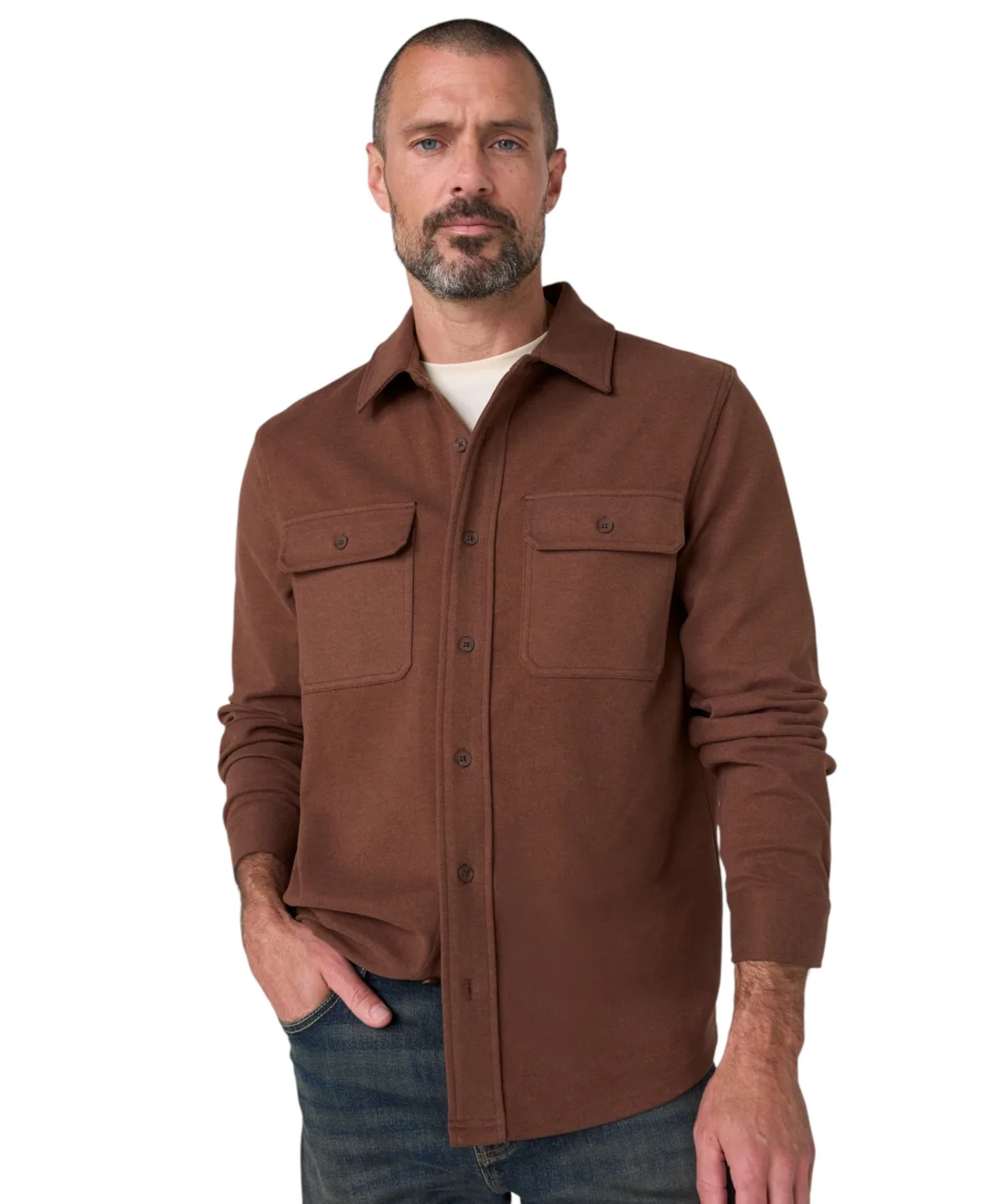 Knit Stand-Collar Long-Sleeve Overshirt by Liverpool Los Angeles