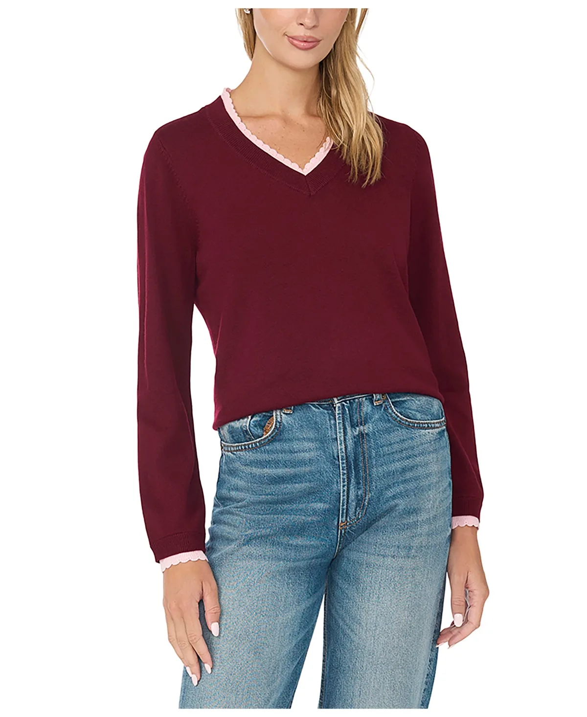 Scallop-Trim V-Neck Long-Sleeve Sweater