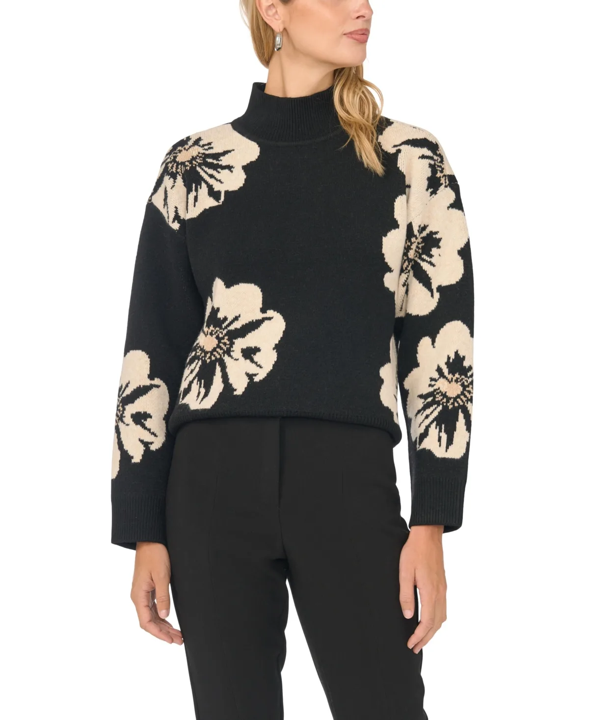 Floral Jacquard Long-Sleeve Mock Neck Sweater