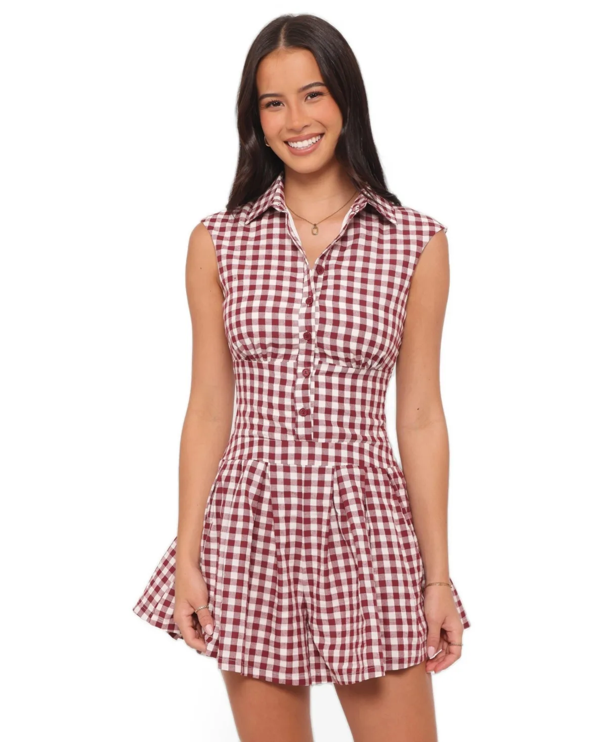 Helen Gingham-Print V-Neckline Button-Front Romper by Petal and Pup
