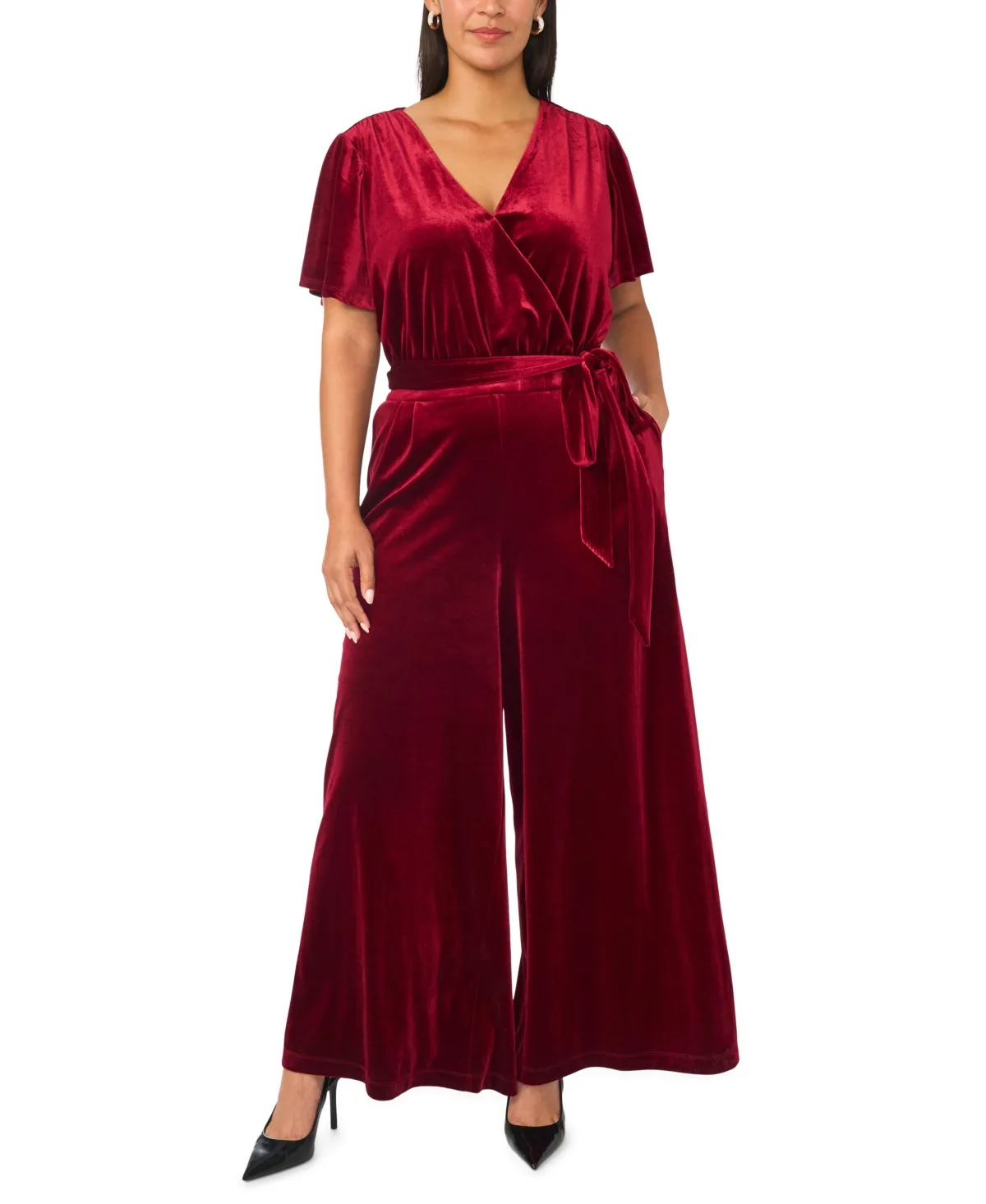 Flutter Sleeve Surplice Velvet Wide-Leg Jumpsuit