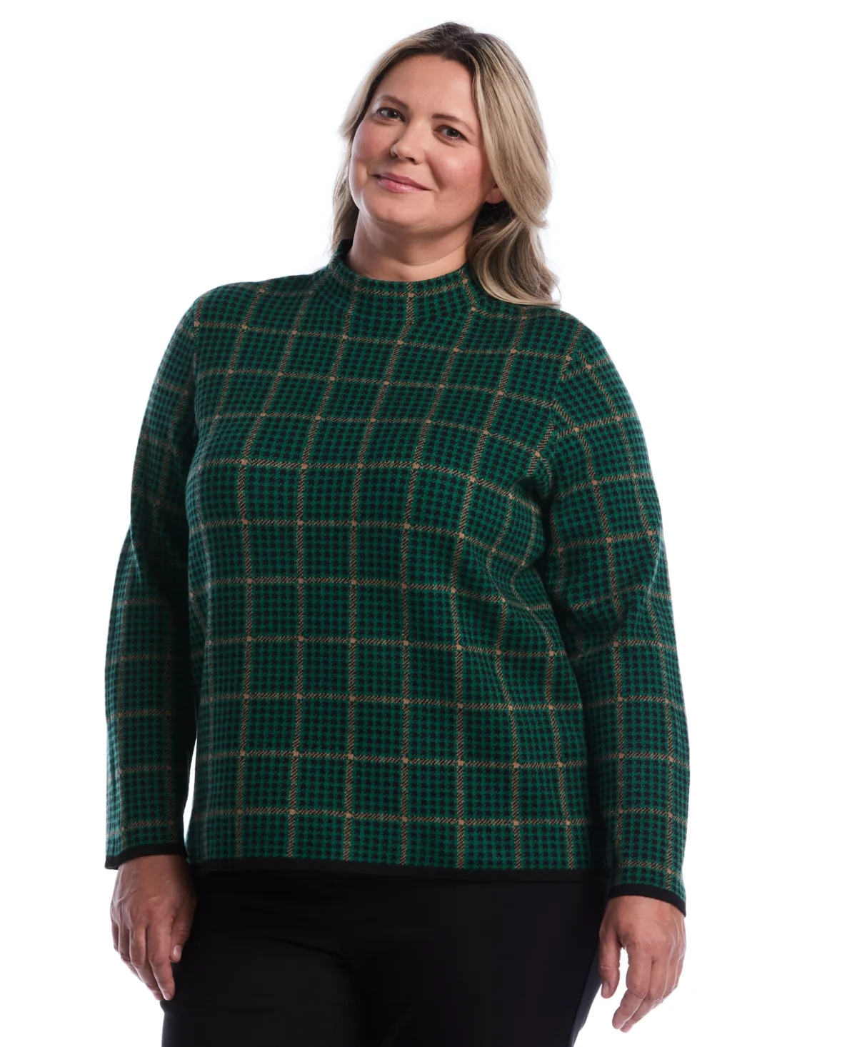 Plaid Print Mock Neck Long Sleeve Sweater by Rafaella