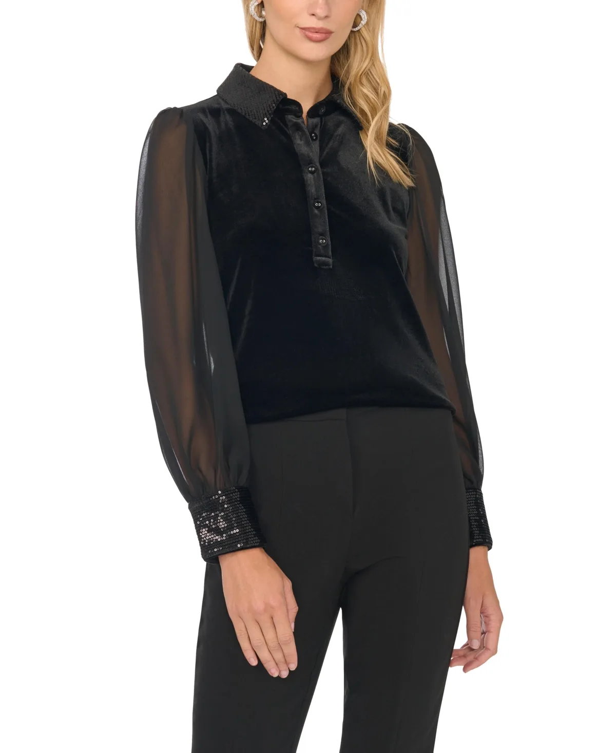 Embellished Velvet Button-Down Blouse by Vince Camuto
