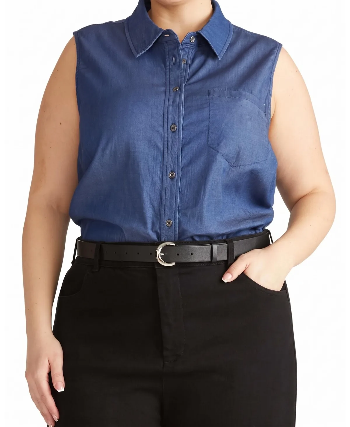 Chambray Sleeveless Button-Front Shirt by Universal Standard