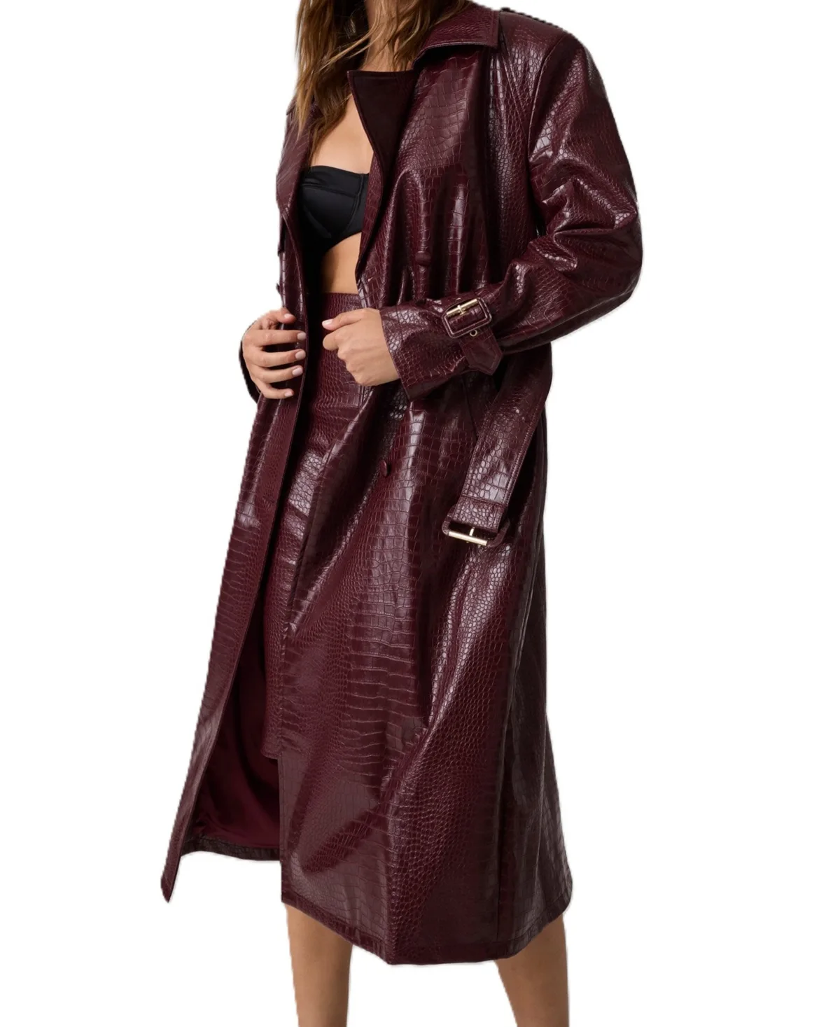 Long Belted Trench Faux Leather Coat by GUESS