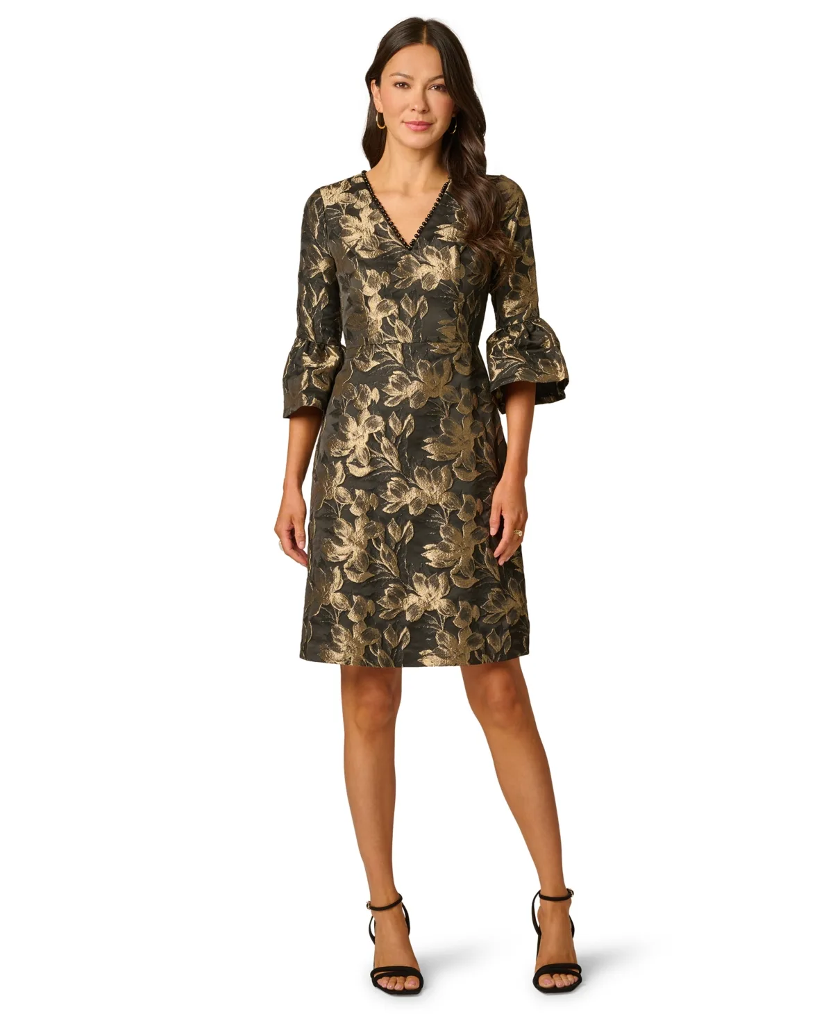 V-Neck Metallic Jacquard Wedding Guest Dress by Adrianna Papell