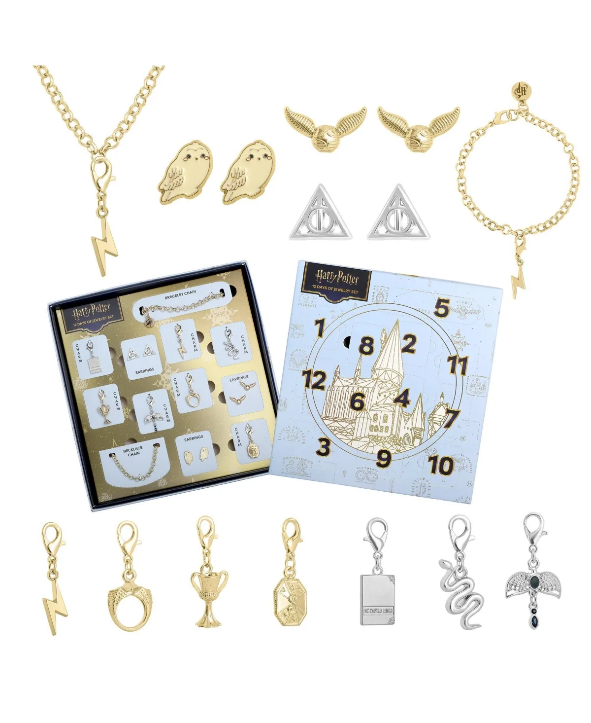 Harry Potter Advent Calendar Jewelry Set with Stud Earrings, Necklace, Bracelet, and Charms, 12-Piece Set by Harry Potter