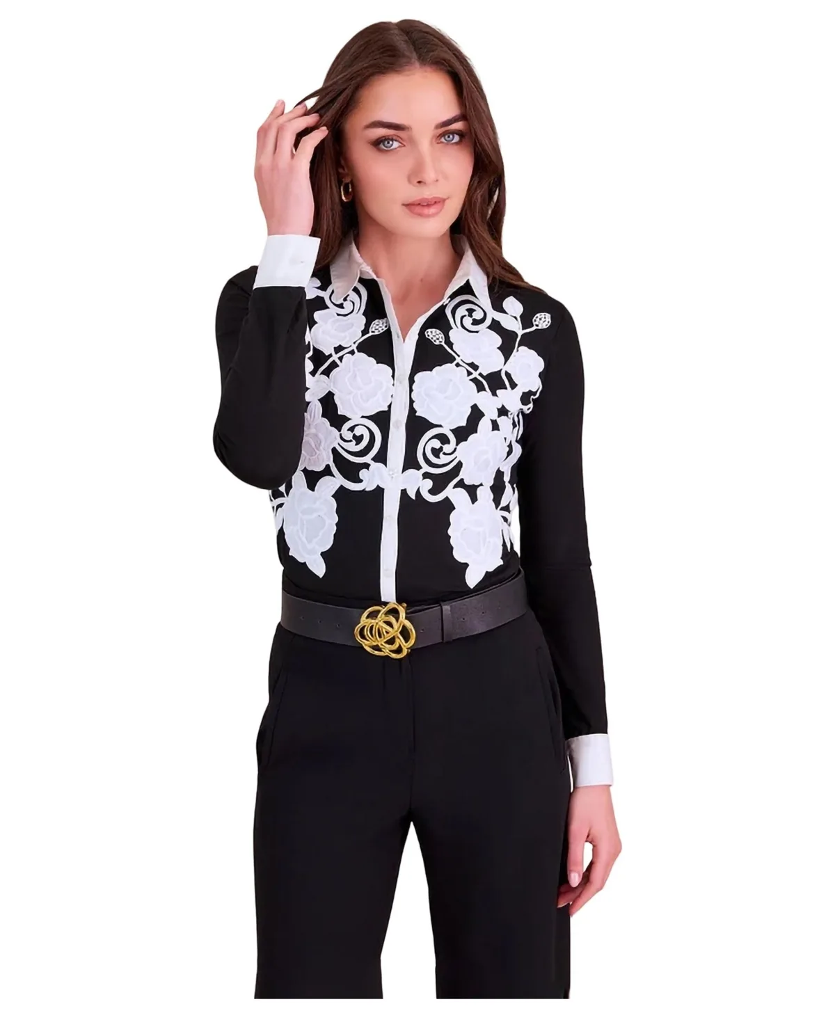 Vianey Floral-Applique Long-Sleeve Button-Down Shirt by Anne Fontaine