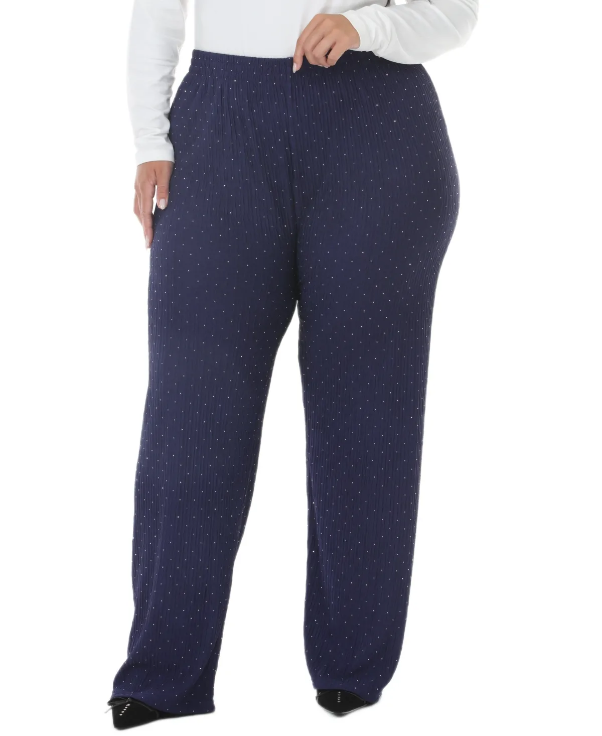 Plus Size Polka Dot High-Waisted Studded Rhinestones Straight-Leg Pants by White Mark