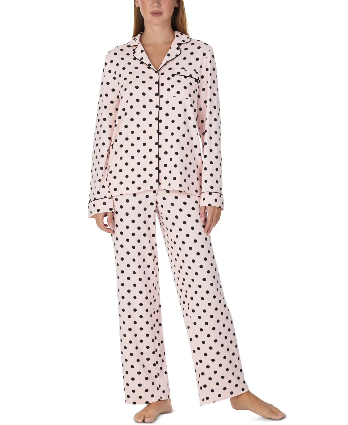 Long-Sleeve Notch Collar Brushed Jersey Top and Pants, 2-Piece Set