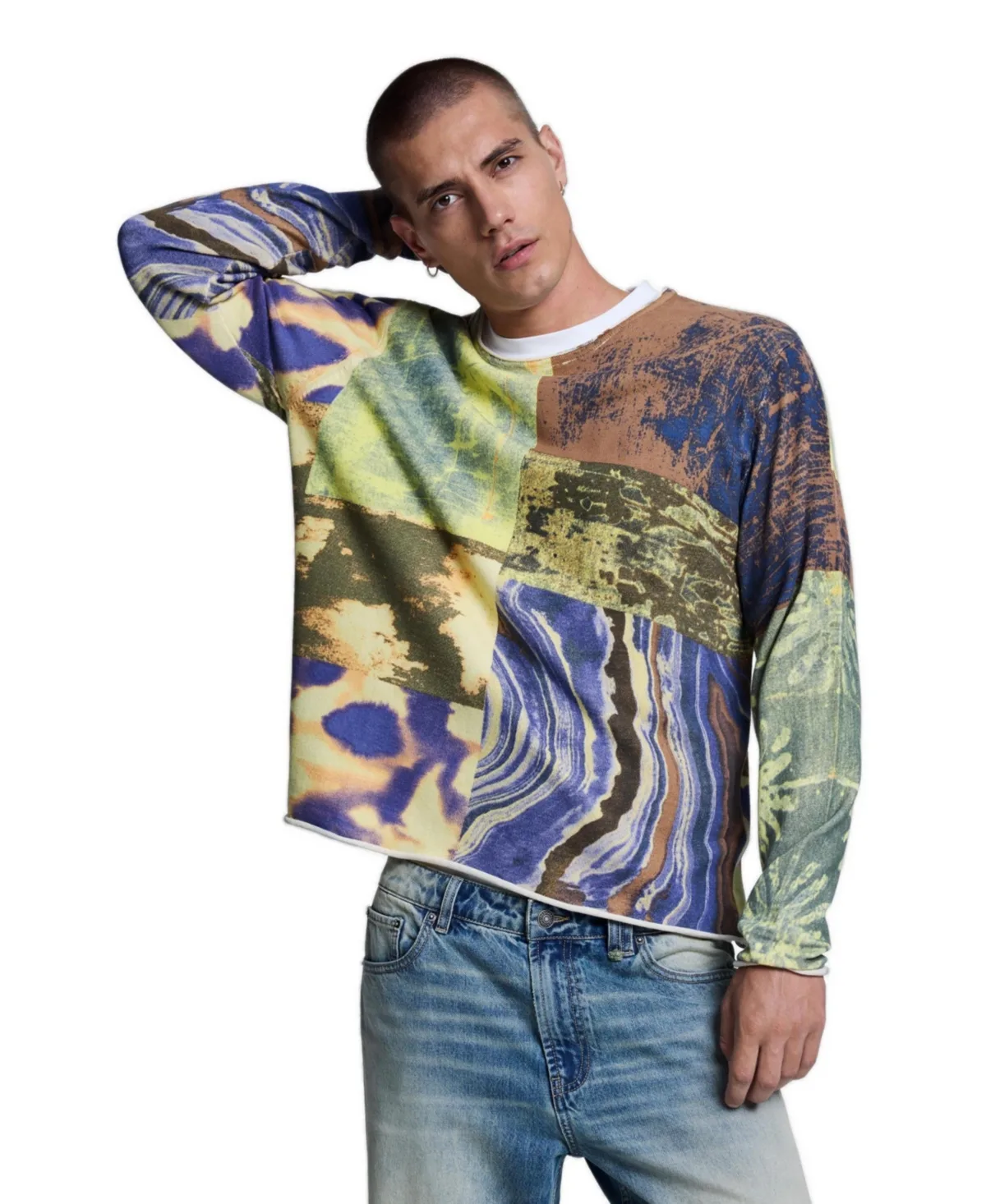 Patchwork Print Loose Crew Neck Sweater