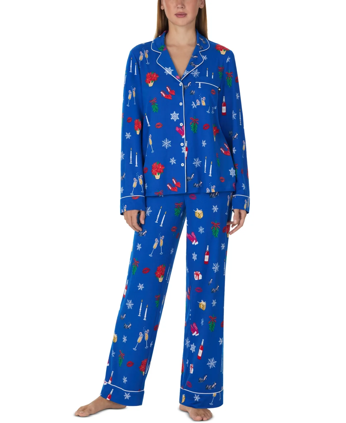 Kate Spade New York Long-Sleeve Notch Collar Brushed Jersey Long Pant Pajama Set